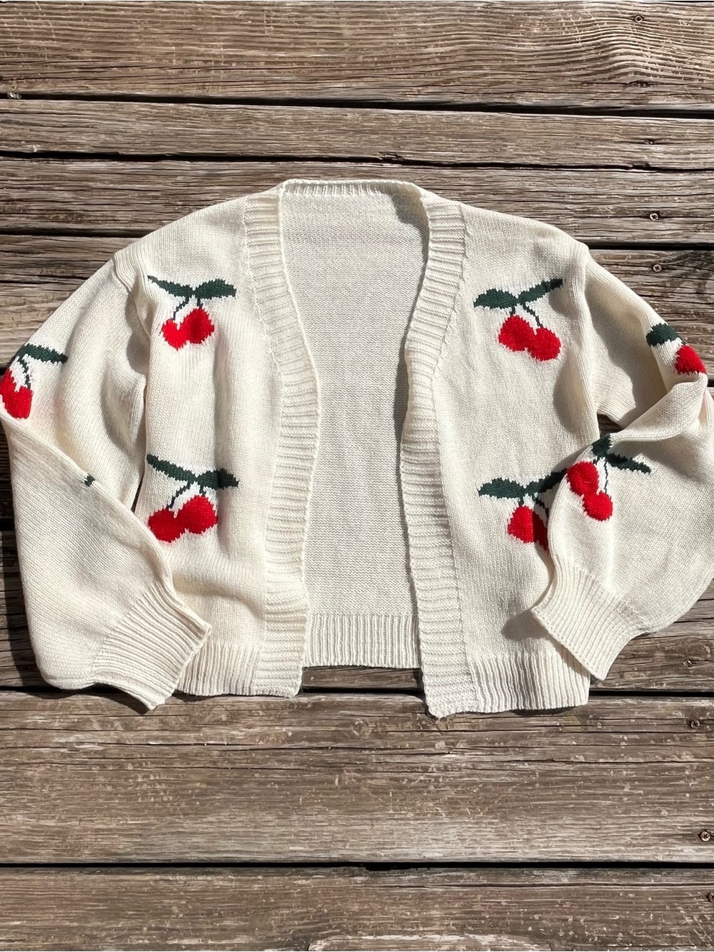 Cream Cherry-Print Open-Front Cardigan